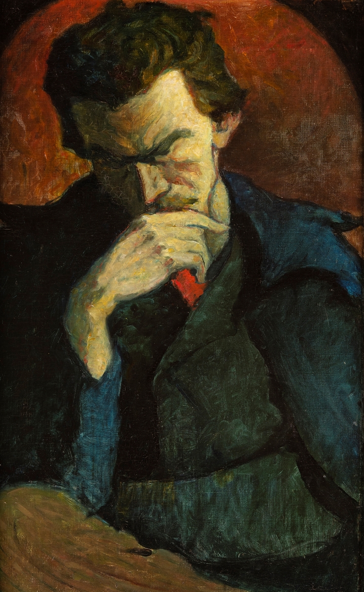 Porträtt av konstnären Ivan Aguéli

Aguéli sitter med huvudet lutat i handen. Ansiktet är nedvänt och blicken skymd.