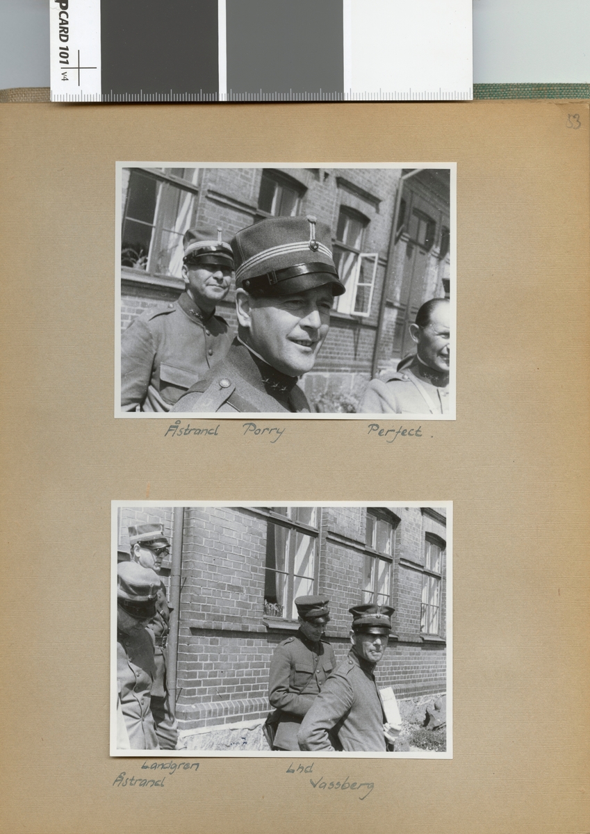 Text i fotoalbum: "1936 juni. Intendentur-fältövningen i Röstånga. Trolleholm. Åstrand, Landgren, Lind, Vassberg".