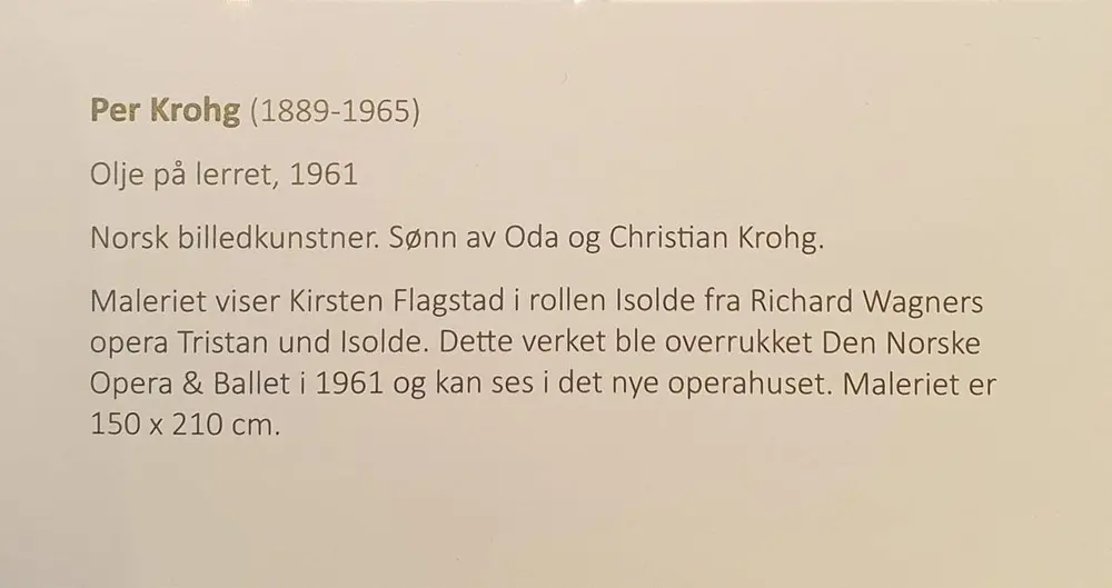 Plakett til maleri, kort informasjon om kunstner Per Krogh. Sønn av Oda og Christian Krogh.