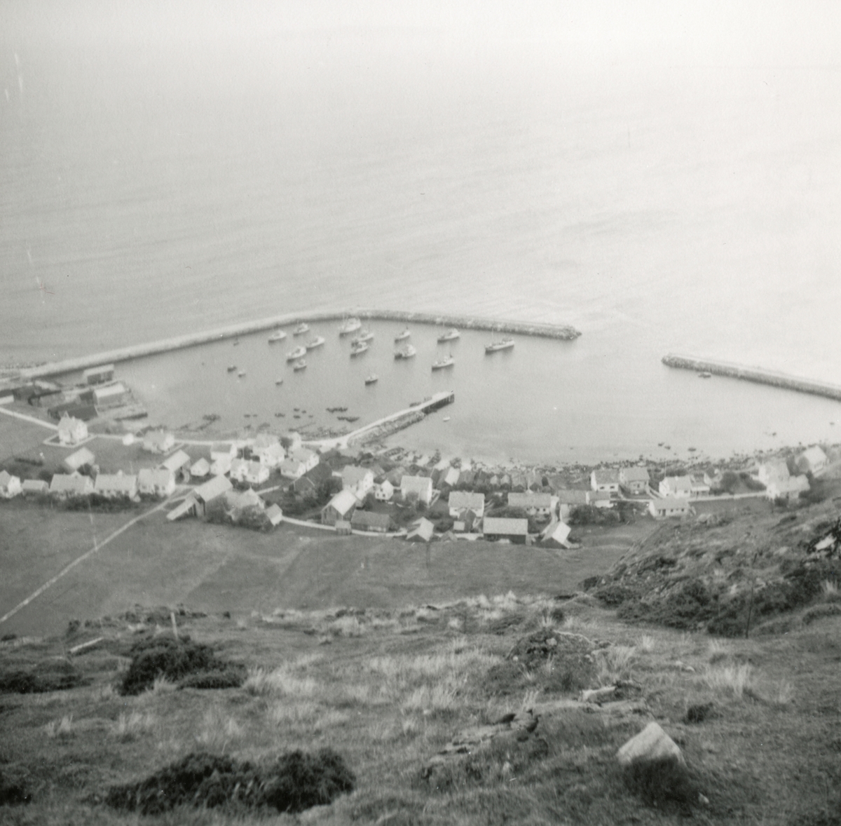 Oversiktsbilder over havna og bebyggelse på Alnes, Godøy.