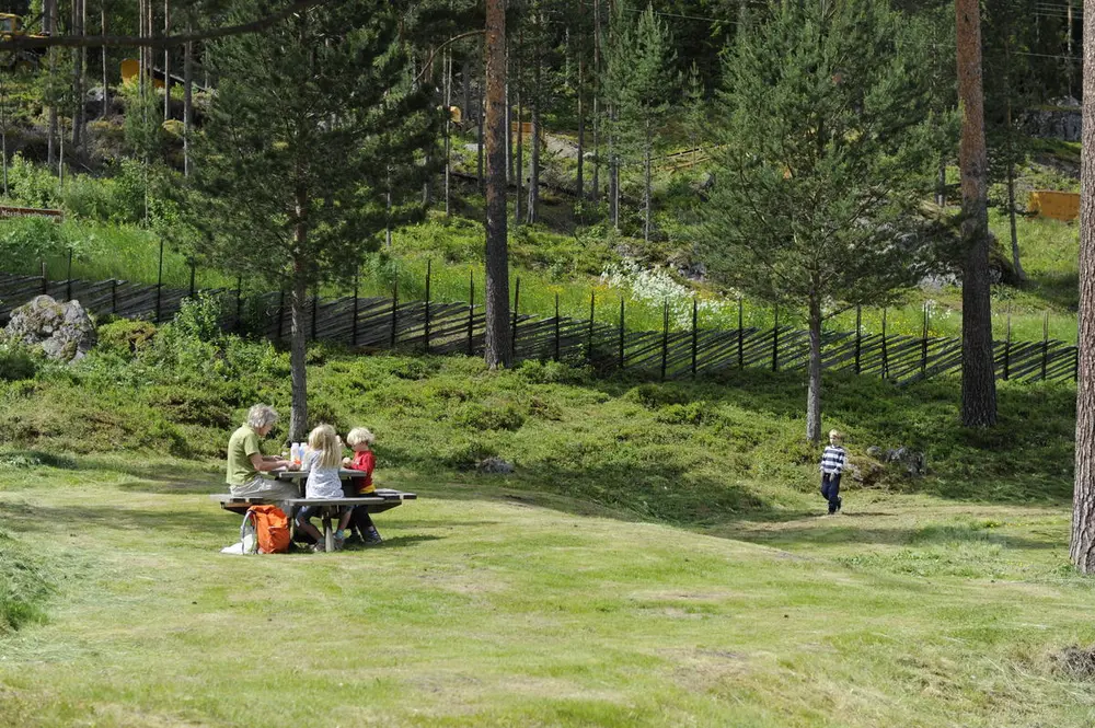 Bildet viser noen som spiser ute i museumsparken.