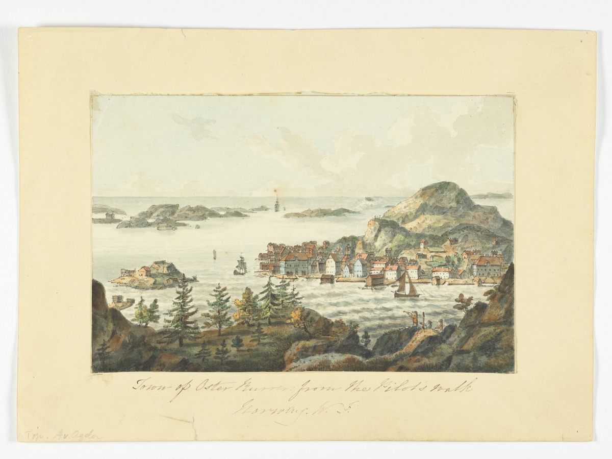 Kystlandskap fra Risør, utsiktsbilde med hav, holmer, bybebyggelse og seilskuter.