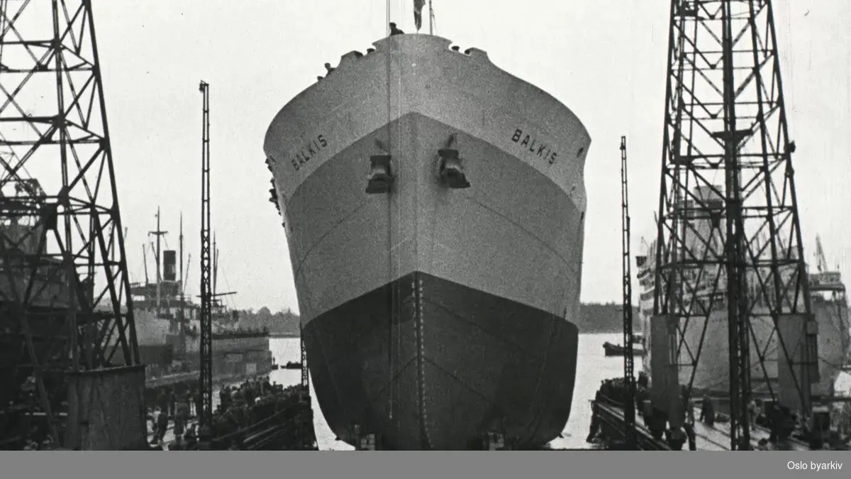 Skipet M/S Balkis blir sjøsatt fra Akers Mekaniske Verksted. Skipet var en fruktbåt for Fred Olsen & Co.