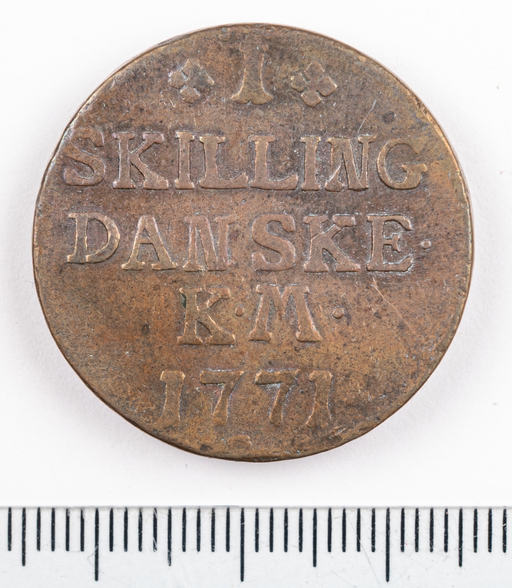 Mynt, Danmark, 1771, 1 Skilling.