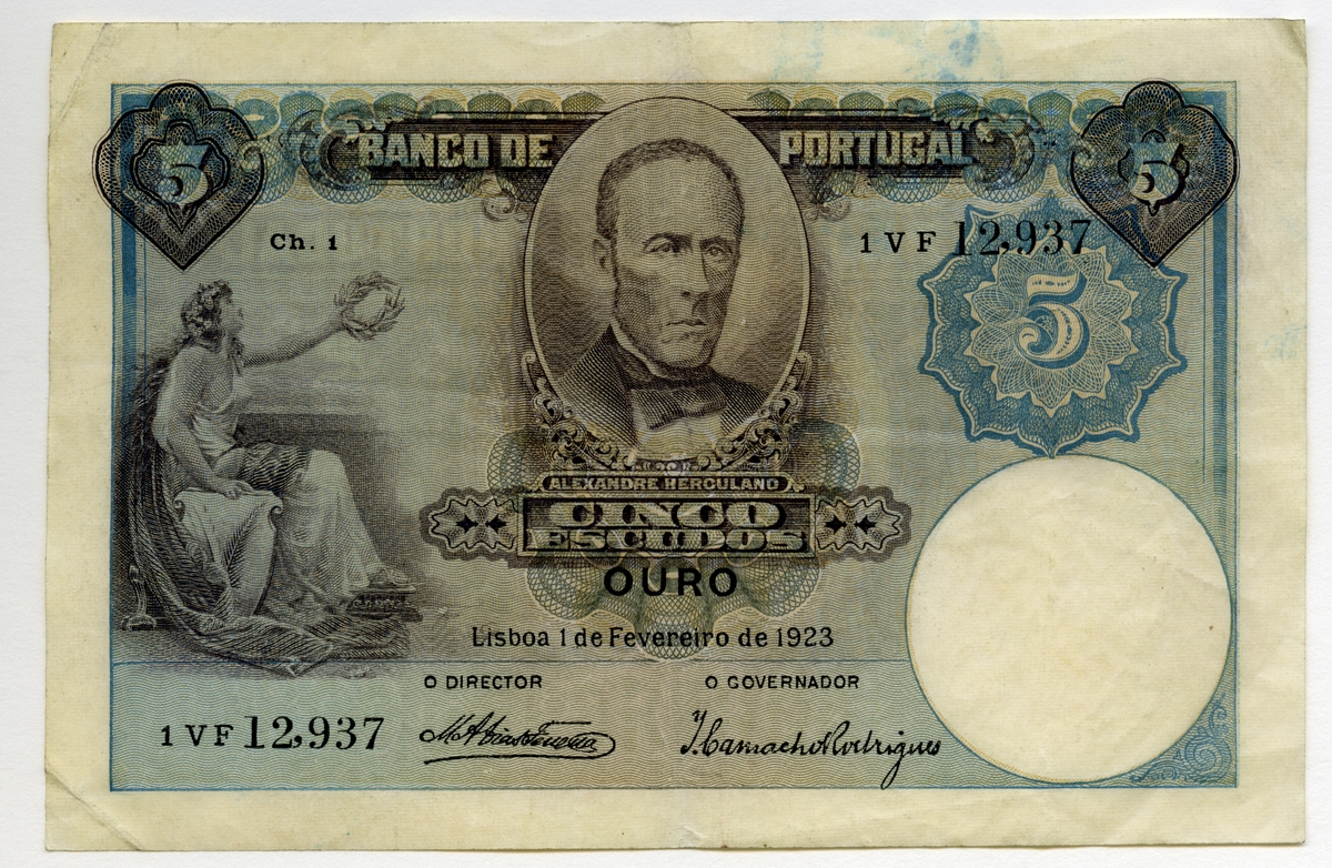 5 Escudos 1923 nödsedel Portugal.

Nr: 1 VF 12,937