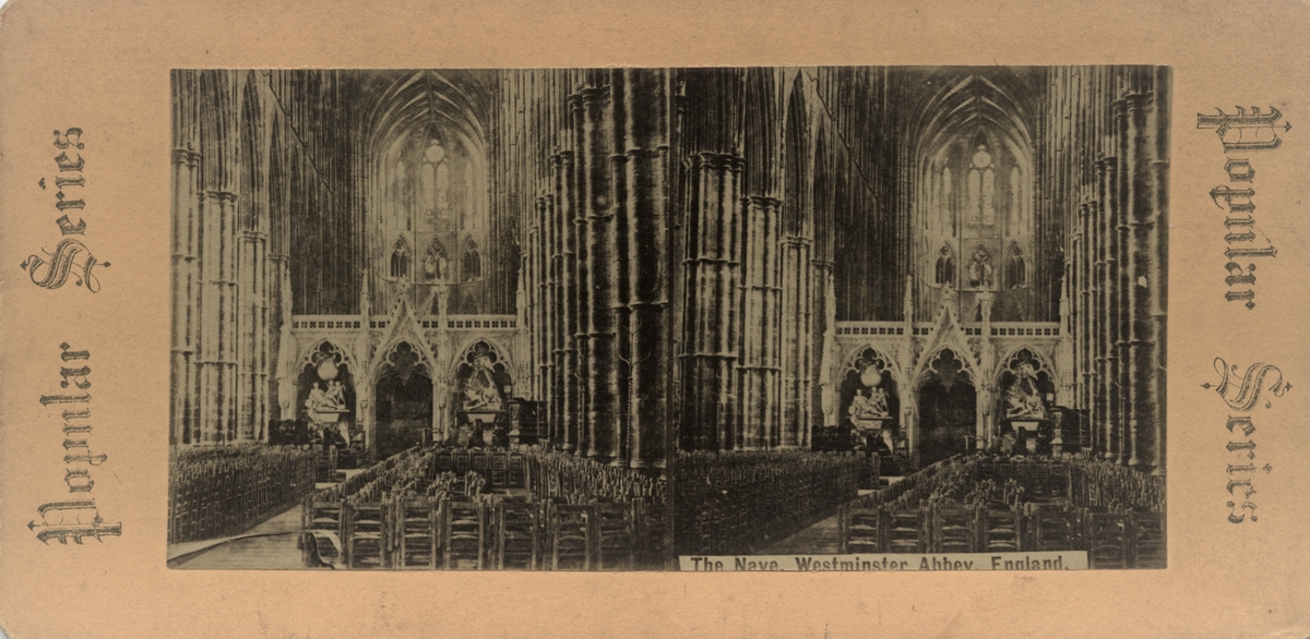 Stereofotografi av midskipet i Westminster Abbey, England.