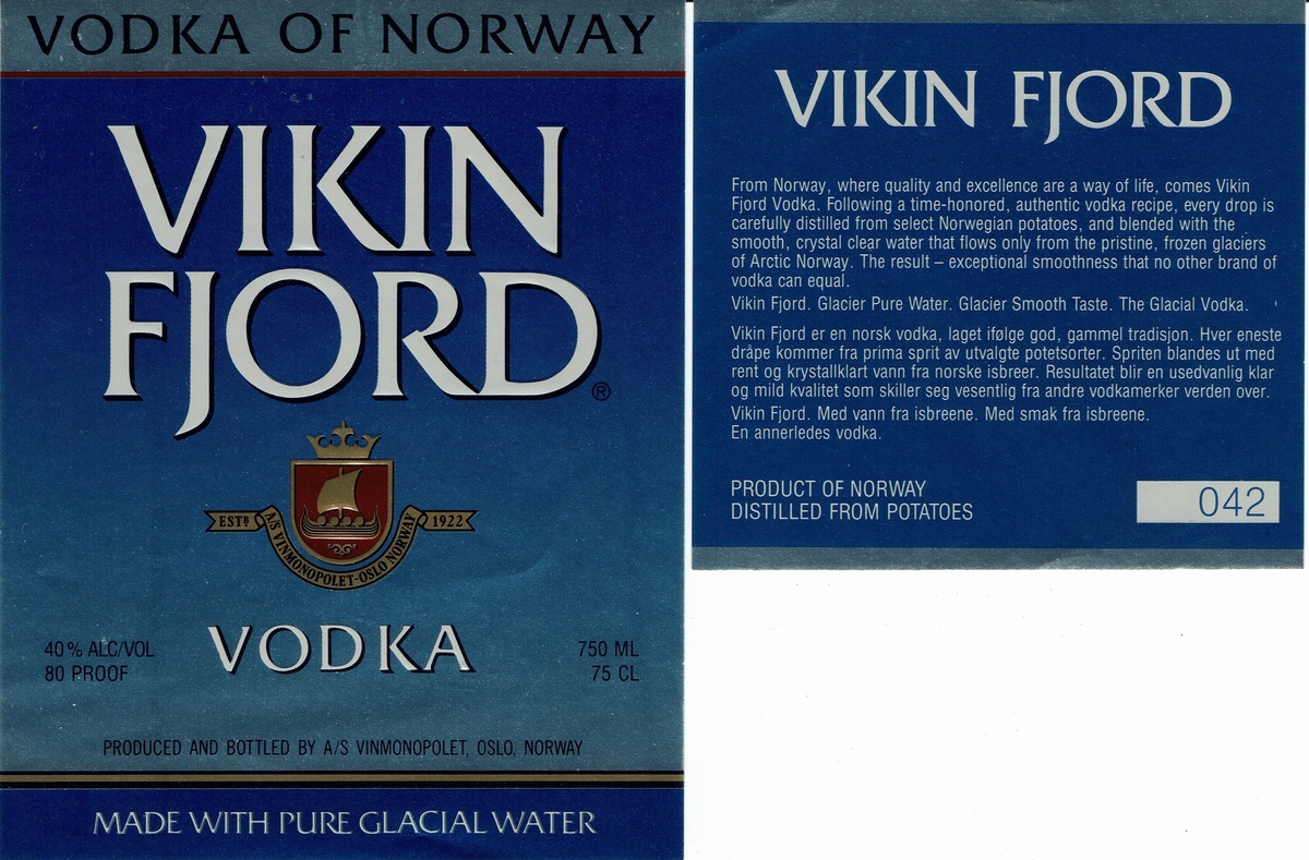 Vikin Fjord Vodka. A/S Vinmonopolet. 40 %.  Vodka of Norway. Made With Pure Glacial Water. 