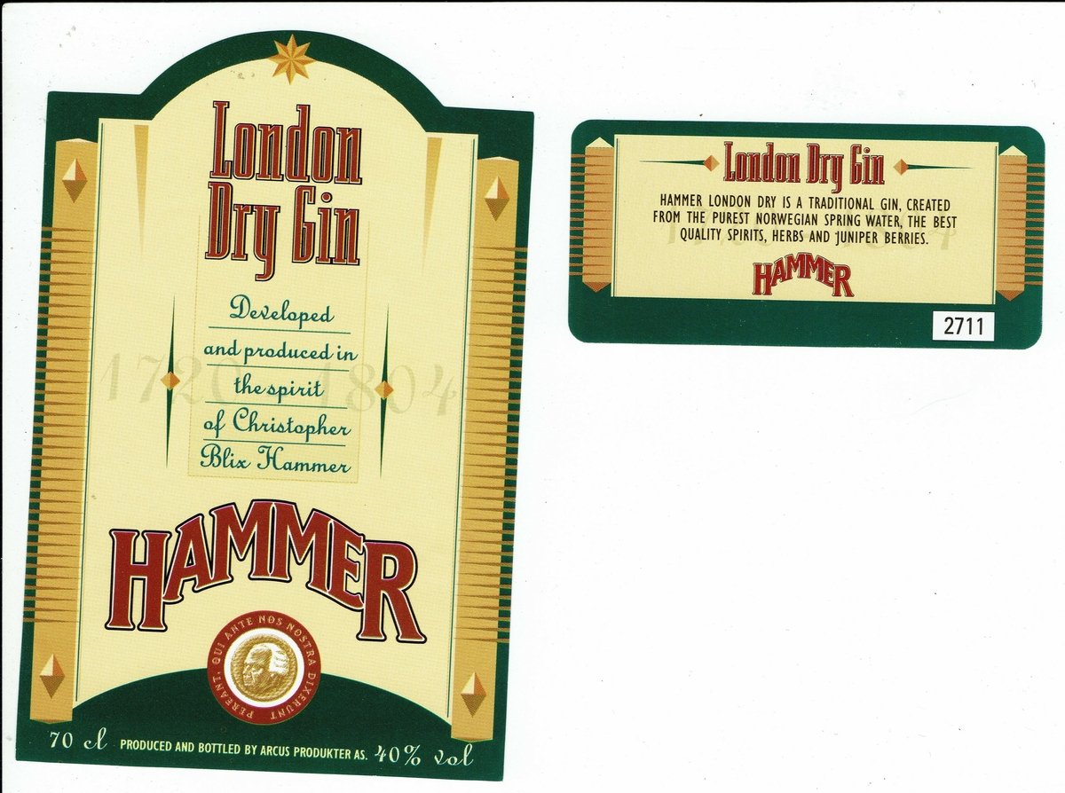 London Dry Gin Hammer. 40% vol. Produced and Bottled by Arcus Produkter AS. 