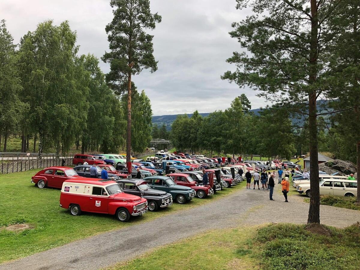 Mange biler stilt opp på rekke i museumsparken under et biltreff.