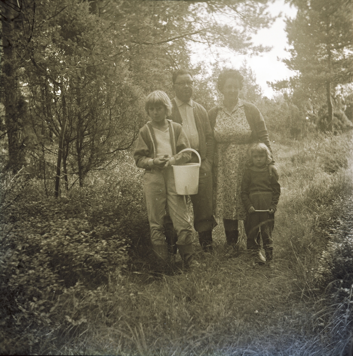 En familj på svampplockning i blåbärsskogen: föräldrarna Karl och Britta med döttrarna Lotta, som bär hinken och håller upp en kantarell, och lillasyster Mari-Ann.