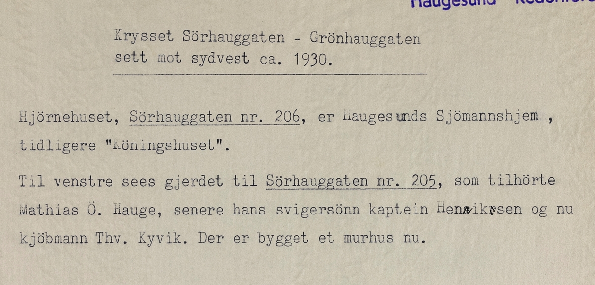 Krysset Sørhauggata-Grønhauggata sett mot sydvest, ca. 1930.