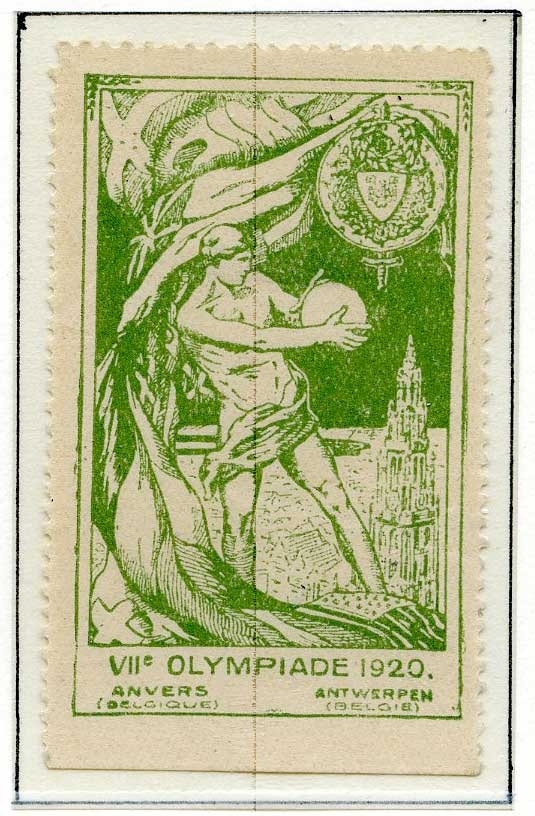 Albumside med 5 olympiske frimerker. Alle frimerkene har samme tekst og bilde, men med ulike farger. All frimerkene viser en diskoskaster med katedralen i Antwerpen i bakgrunnen. Frimerkene er i fargene fiolett, brun, blå, rød og grønn.