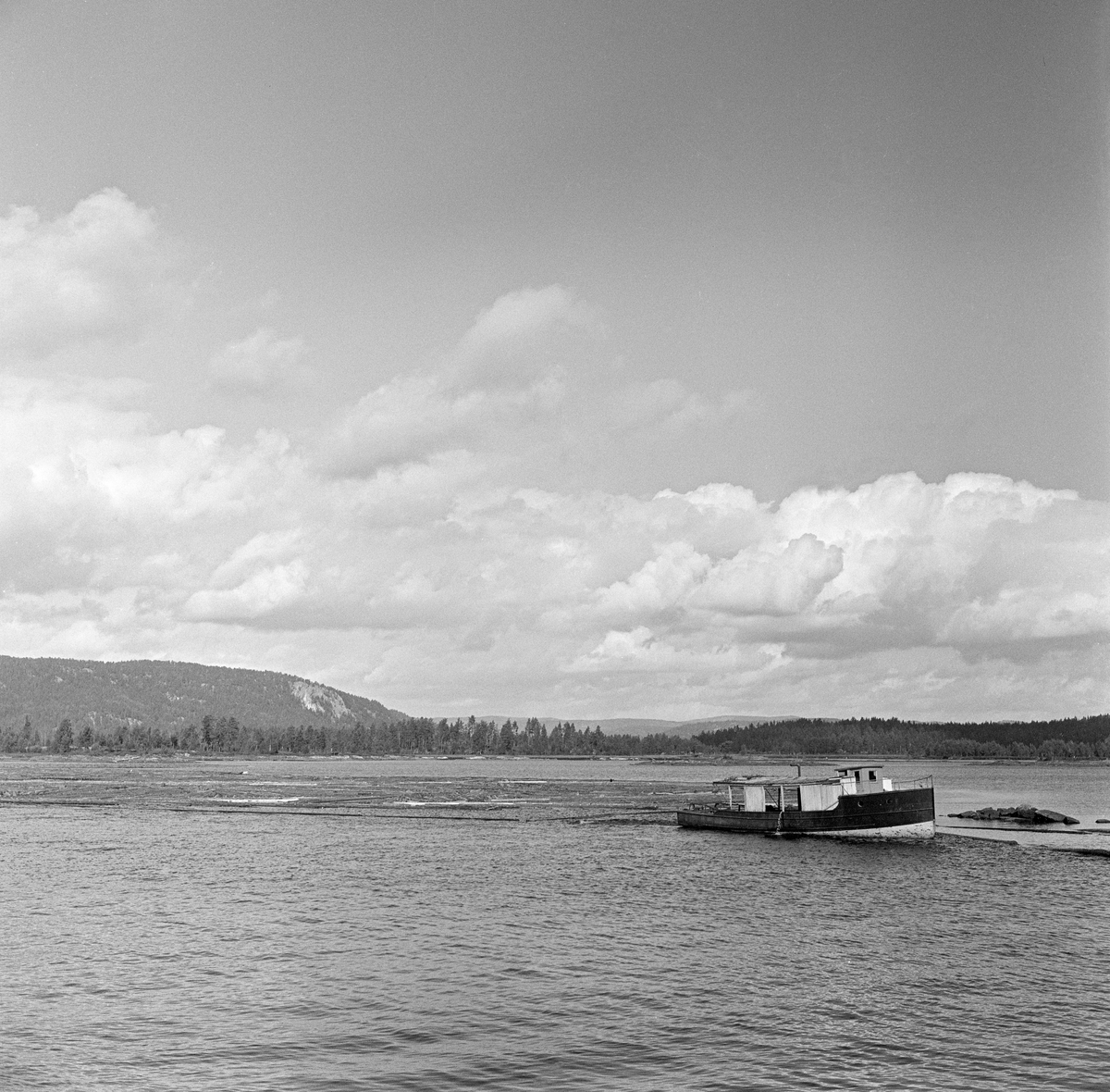 Slepebåt med tømmerbom på innsjø. Arendalsvassdraget.