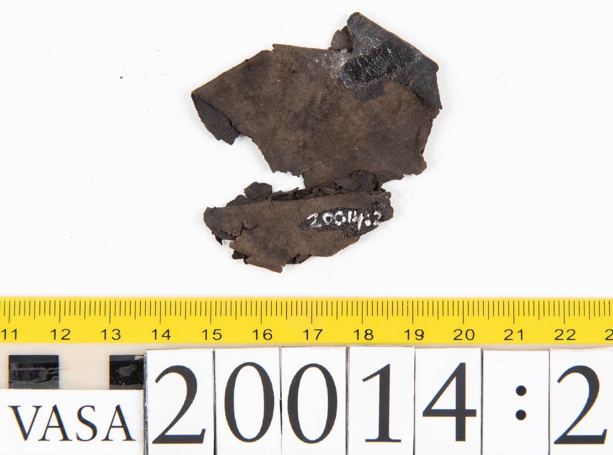 Delar och fragment från skobotten: två inlägg från tå- respektive hälparti, två vikta fragment samt ett flertal mindre fragment. Inläggen har hål efter träpligg. Lädret är mycket sprött.