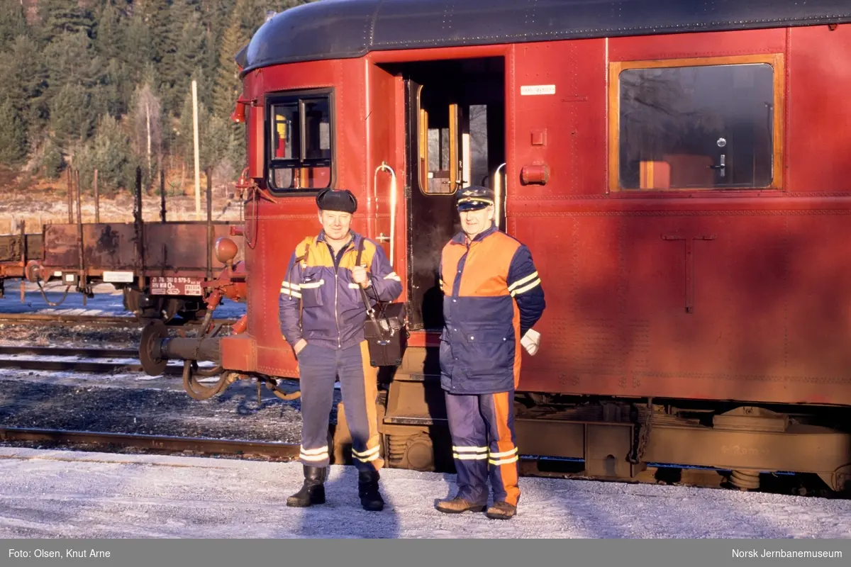 Linjevisitører foran dieselmotorvogn BM 86 på Rollag holdeplass