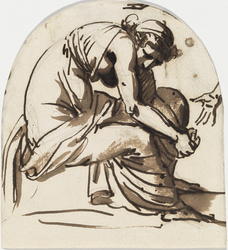 Sammenkrøket sittende kvinne [Tegning]