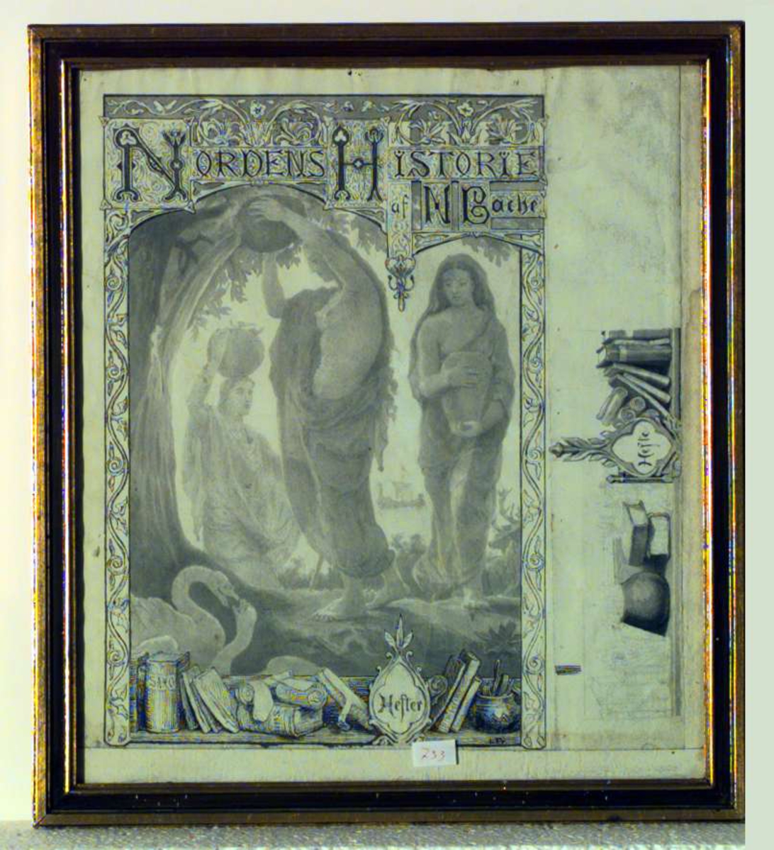 Illustrasjon til Nordens Historie af N Bache. Klassisk motiv; kvinner med krukker, svaner, hjorter, omkranset av ranker og bøker på en hylle (bl.a. Saxo, Snorre)