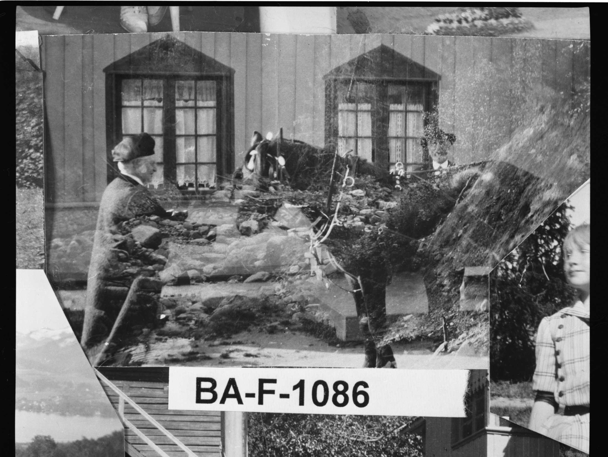 Diverse fotografi innrammet med eikeramme. Den er dekorert med metallriller.