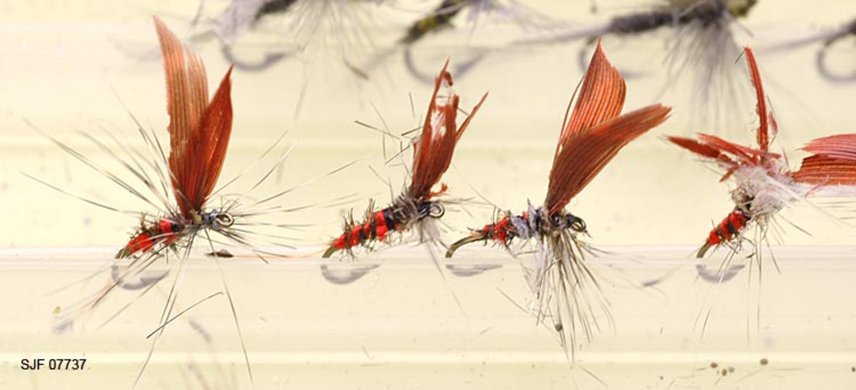 Tilstand: I forbindelse med omfototgrafering høsten 2002, oppdaget OT Ljøstad at enkelte av fluene i denne esken var totalt ødelagt av møllangrep.  Problemet må ses i sammenheng med at materialet har vært oppbevart i magasin C, der temperaturforholdene har passet møllen godt.  Fluene vil nå bli reingjort og flyttet til kjølerommet. 

Boksen inneholder ialt 76 fluer alle ant. tørrfluer. 2 stk har ekstra lange bein ant. navn: Daddy long legg. Tørrfluene virker på den måten at de flyter oppå vannet. Giveren har skrevet ei bok som heter "Isfiske" sammen med Knut Rom, boka ble utgitt i 1972. Giverens far var en ivrig sportsfisker og er gitt tittelen "Den fullendte sportsfisker". 