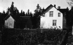 Eksteriør, bolig, uthus. To barn med flagg foran huset.