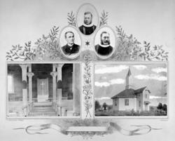 Eksteriør og interiør fra Åsmarka kapell. Portrett av tre pr