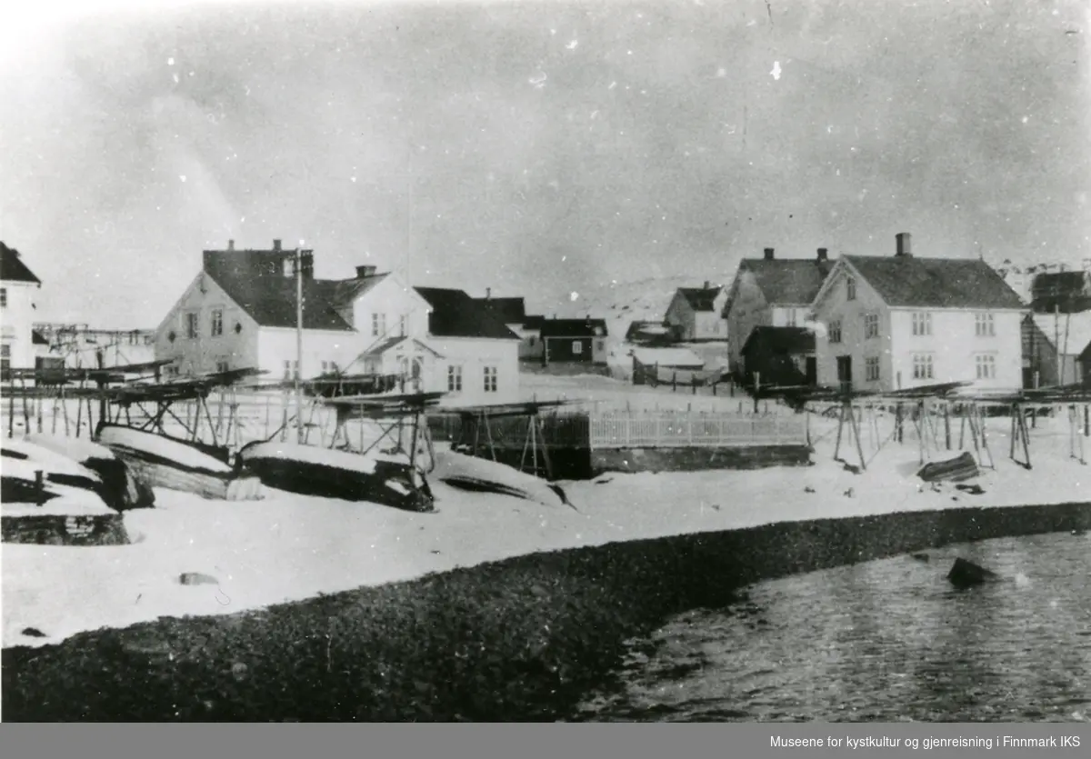 Parti fra Mehamn. Til venstre ser vi B.T.Aas bolighus med telegraf.(Aasgården)
Antatt 1930.
