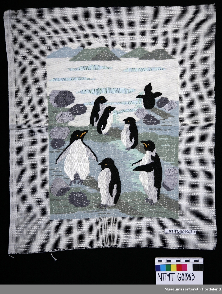 Syv pingviner i vinterlandskap/arktisk landskap.