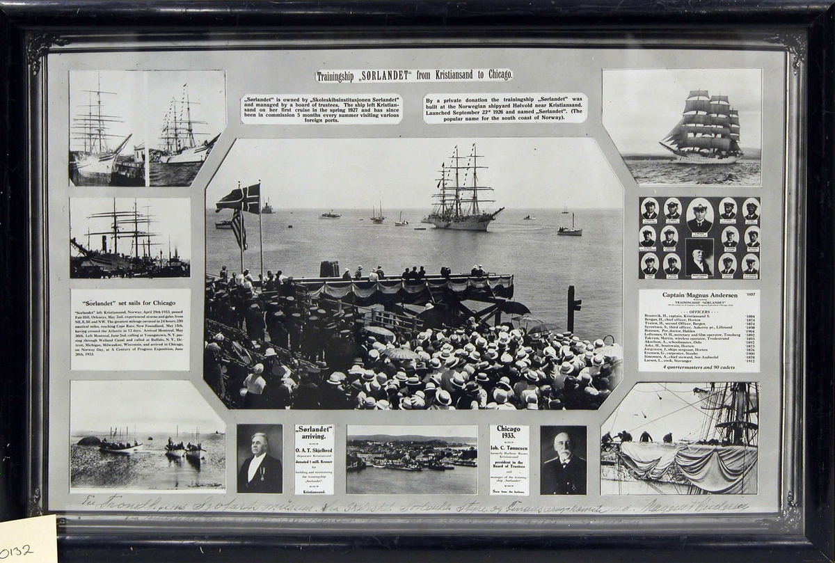 En collage av fotografier og tekster som omhandler skoleseilskipet "Sørlandet"s tur til Chicago i 1933.