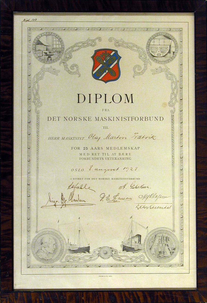 Diplom fra Det norske maskinistforbund.