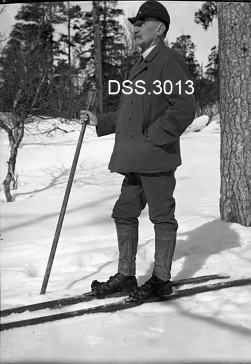 Skogdirektør Michael Andreas Emil Saxlund poserer på ski under befaring i Rendalen statsallmenning.  Saxlund har to ski og en stav.  Over bukseleggene har han snøsokker, tilsynelatende av lær.  Ellers har han jakke, kvit skjorte, slips og hatt med skyggebrem.  Gran- og bjørketrær i bakgrunnen. 

Saxlund var utdannet ved forstakademiet i Aschaffenburg (1867-69).  Deretter ble han ansatt som skogforvalter ved Hakadals verk.  I 1873 kjøpte han eiendommen Dikemark i Asker, hvor det i tillegg til åker- og skogarealer var mølle- og sagbruksvirksomhet.  Fra 1877 var han forstmester ved Fossum Verk ved Skien.  I perioden 1891-95 var han forstassistent i Helgeland forvaltningsdistrikt, og i påfølgende femårsperiode ble han skogforvalter i Hedmark.  Fra denne stillingen søkte han seg over i Landbruksdepartementet, hvor han først var skogkonsulent et par år, før han ble skogdirektør (1903-17).  Dette fotografiet er antakelig tatt mot slutten av Saxlunds embetstid.