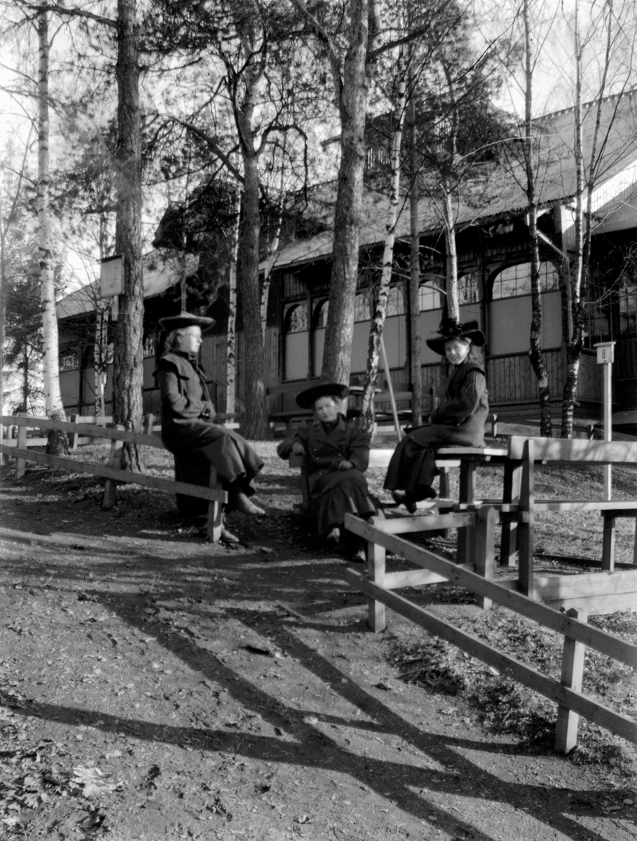 Hamar Park, Tre kvinner foran pavilliongen som ble bygd i 1890-åra etter ingeniør Axel Daniel Halvorsens (1847-1917) tegninger.