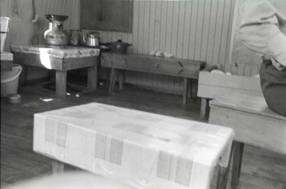 Fra skogbrannvakttårnet på Haukenesfjellet i Rømskog i Østfold.  Fotografiet er tatt i brannvaktens oppholdsrom, antakelig i begynnelsen av 1970-åra.  Hoftepartiet på brannvakt Daniel Sundsrud ses på en krakk helt til høyre i bildet.  I forgrunnen står et lite, lavt bord som er dekt av en voksduk.  I bakgrunnen ses kjøkkenkroken med en liten pall der kokeapparatet, kaffekjelen og et par gryter er plassert, like til venstre for en krakk som er skjøvet inn mot den panelte veggen.  Til venstre for "kjøkkenet" skimtes ei vaskebøtte av plast. 

Tårnet på Hauknesfjellet ligger 335 meter over havet med fin utsikt over vide skogtrakter.  Det første tårnet på dette stedet ble reist i 1909, det neste i 1928.  Det avbildete tårnet skal etter informasjon i forsikringsselskapet Skogbrands arkiver å dømme være bygd i 1953.  Det er reist på et skjellett av stolper (rundtømmer) som er kledd med rødmalt horisontal bordkledning (vestlandspanel).  I den øvre delen av tårnet er det innredet to rom - et oppholdsrom med utvendig balkong på fire sider og et overliggende utkikksrom under en takhatt med vinduer i alle himmelretninger.  Tårnet var i drift som brannvaktstasjon fram til 1976.  Seinere har det vært et populært kvilested for vandrere i området. 