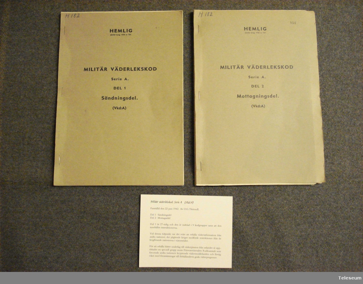 Tvåp delar, en sändningsdel och en mottagardel.
Fastställd den 22 juni 1942 av O.G. Thörnell.
För kryptering och dekryptering av vädermeddelanden.