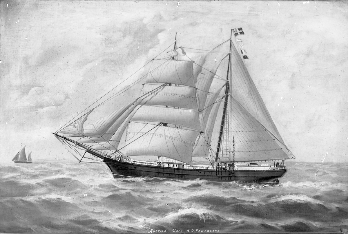 Avfotografert maleri av skonnertbriggen  "Augvald" for fulle seil, med et mindre skip i bakgrunnen.