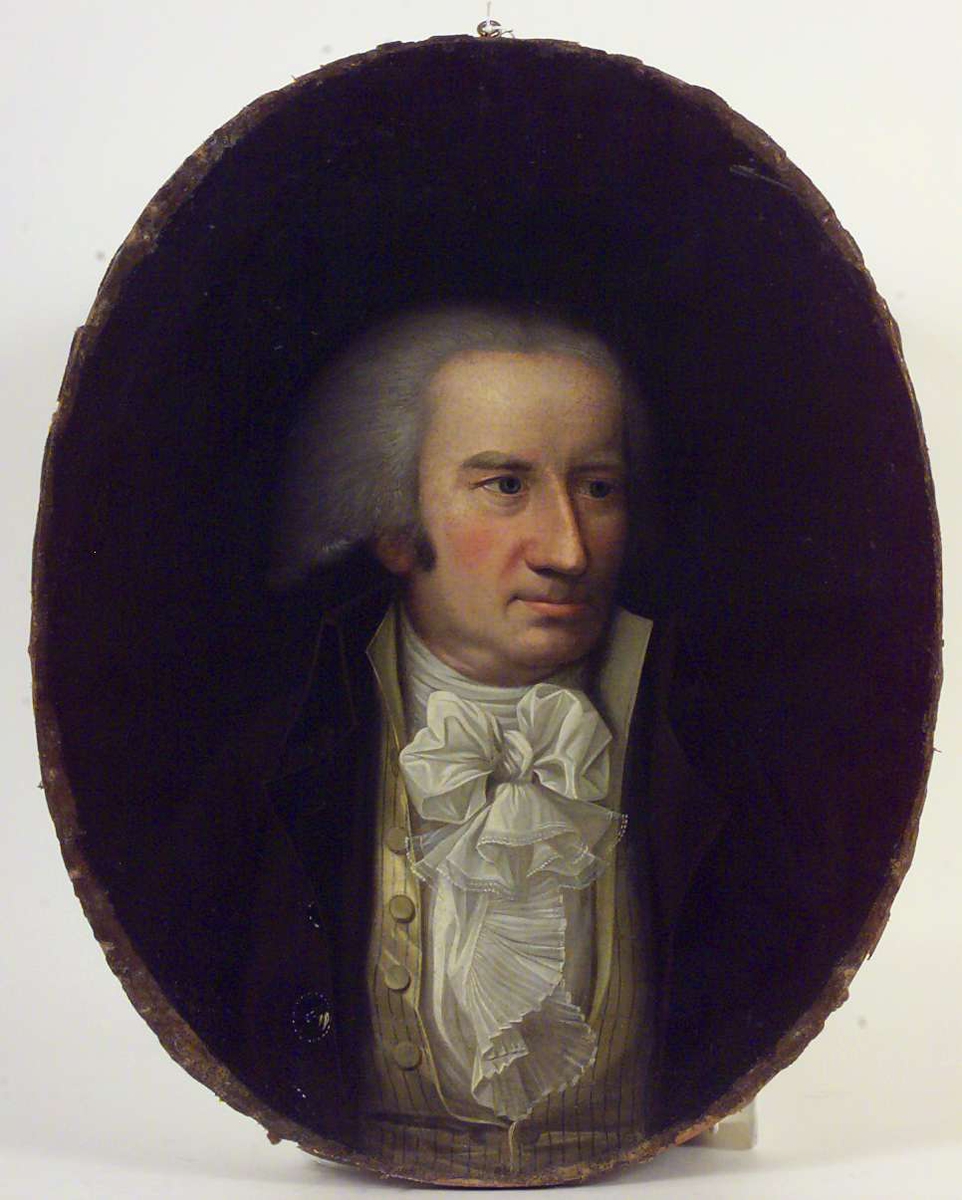 Brystportrett av Bernt Anker iført grålig parykk, silkevest med høy krage og hvitt kalvekryss.