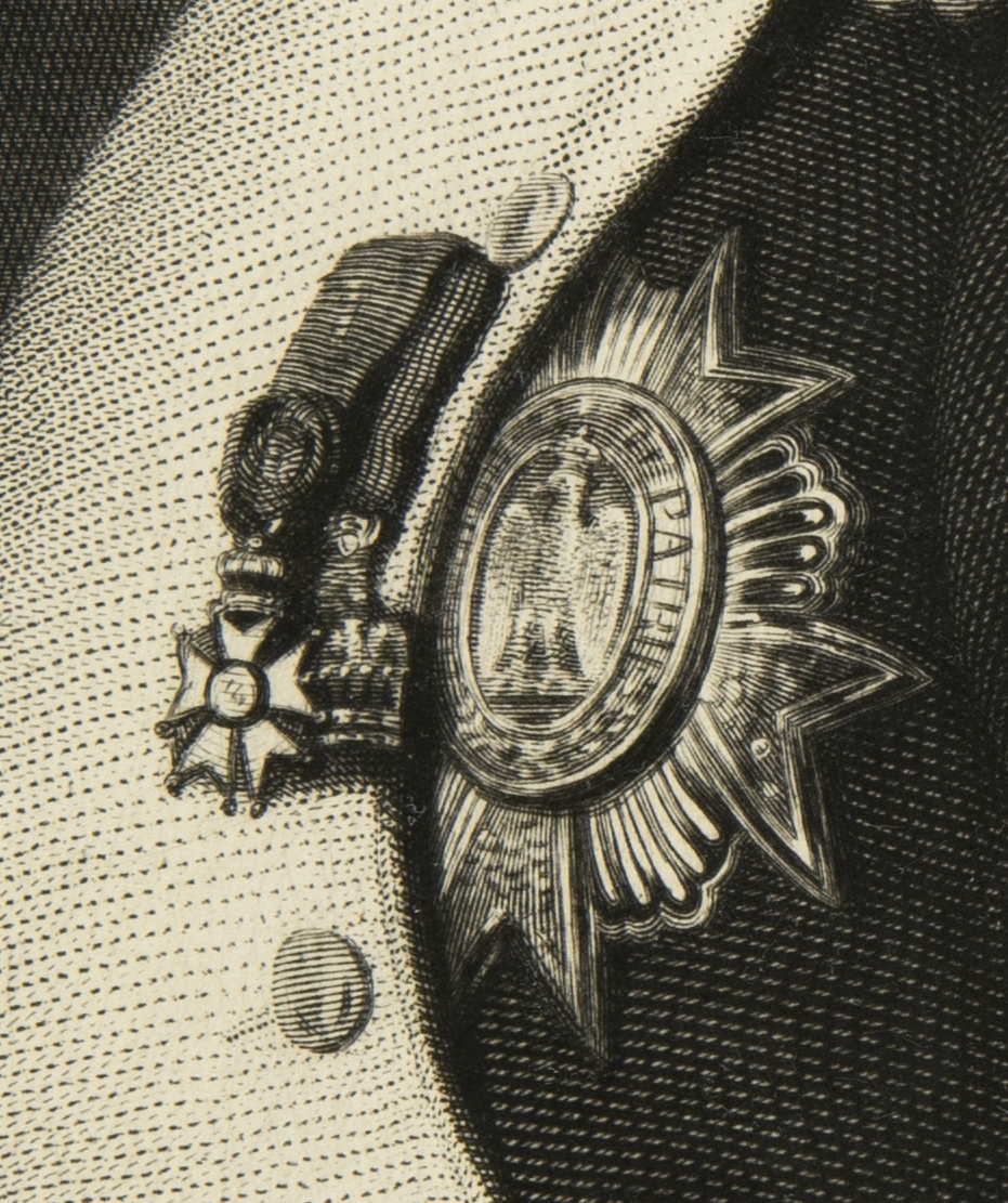 Napoleon i uniform med ordener, halvfigur, venstrevendt.