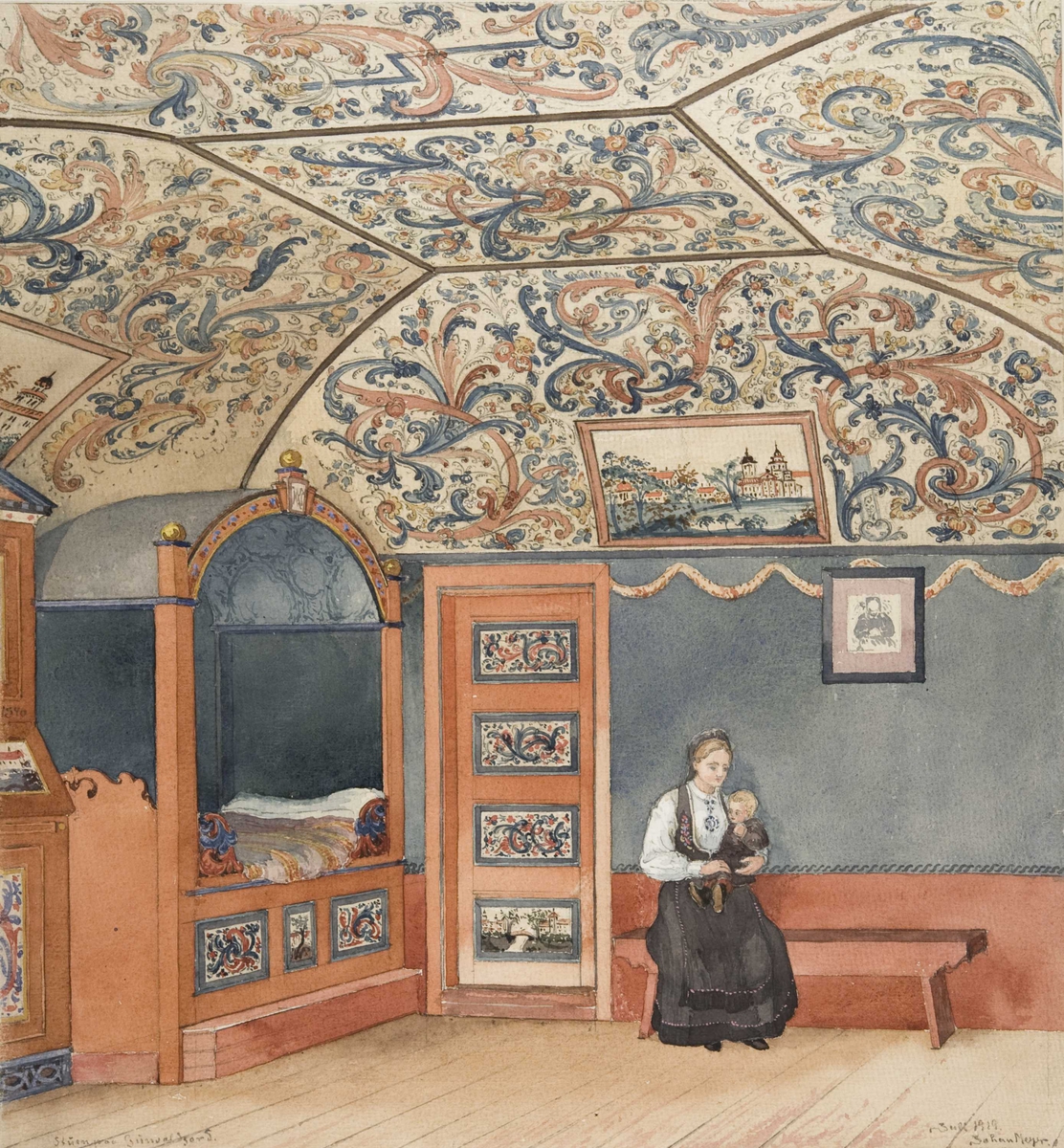 Johan J. Meyer akvarell (1919) av interiør i oppstue, Gunvaldjord, Haukeli, Vinje, Telemark.