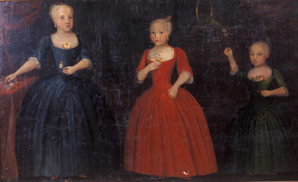 Gruppeportrett av søstrene Sara, Karen og Marjory Chrystie, døtre av Andreas (Andrew) Chrystie, virksom som handelsmann i Moss fra 1726.