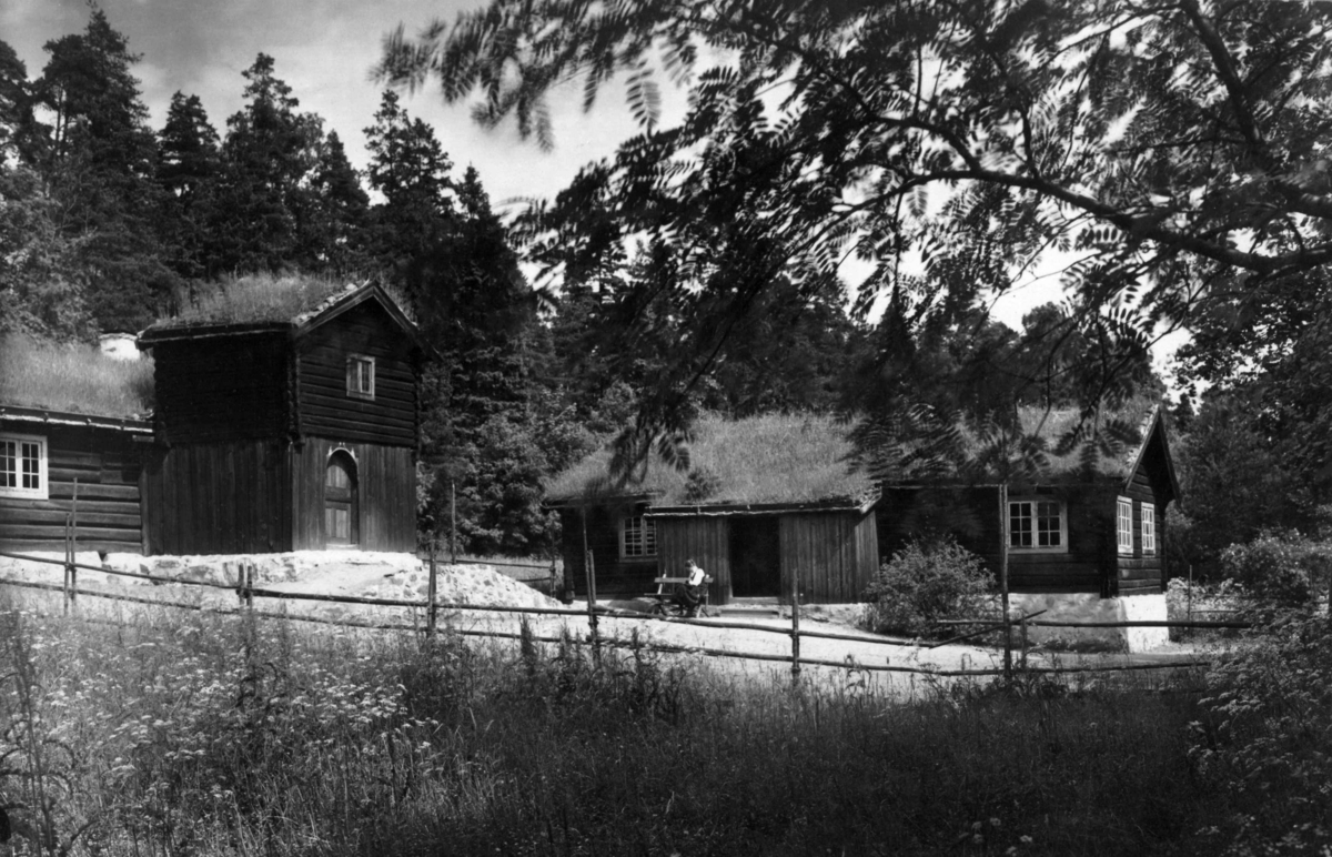 Barfrøstue fra Gammelstu Trønnes, Stor-Elvdal og sommerstue fra Kilde, Åmot. Fotografert i Østerdalstunet på Norsk folkemuseum, juli 1925.