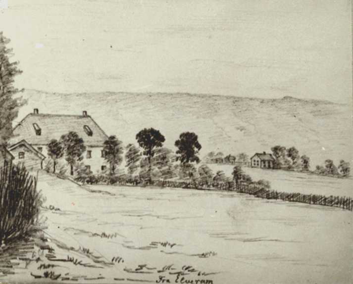 Elverum, Sør-Østerdal, Hedmark. Fotografi av tegning med motiv av landskap og hus. Dr. A. Arbo's  skisserbøker 1885.