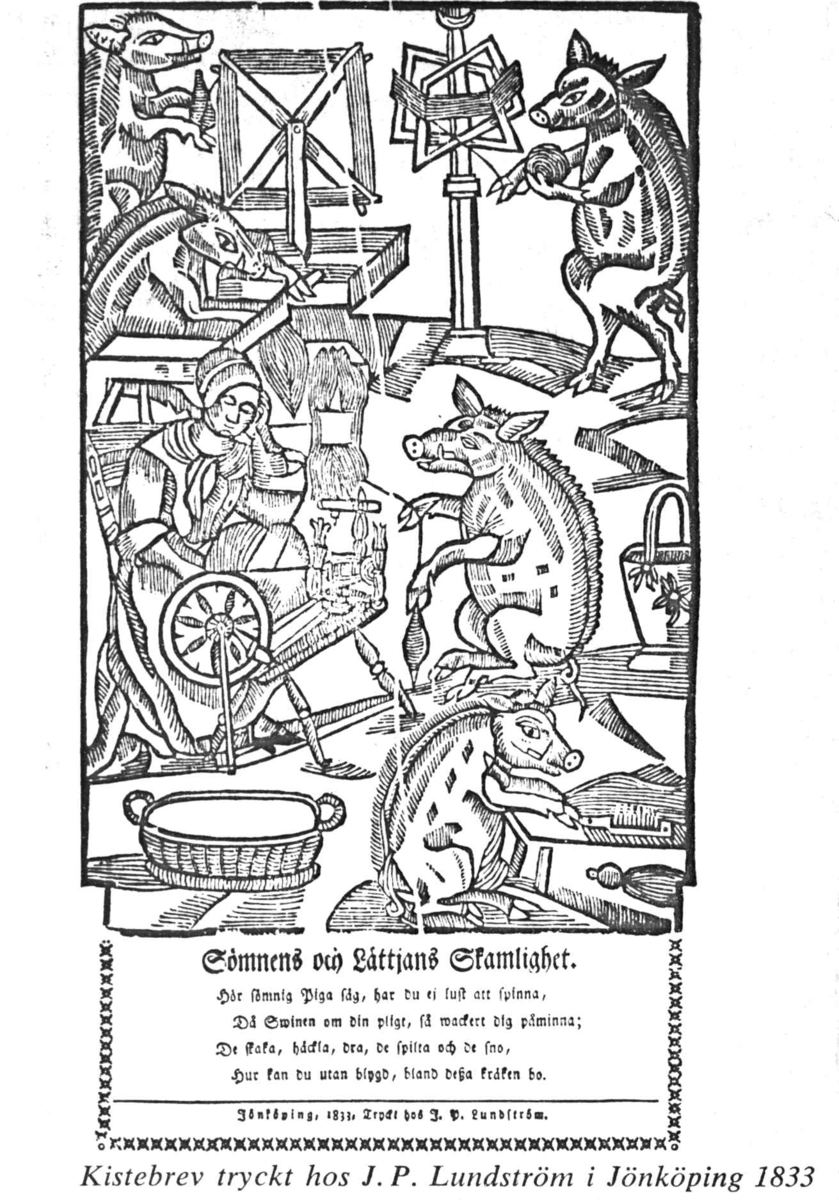 Kistebrev i kiste fra begynnelsen av 1600-tallet. Innskriften er illustrert med en kvinne som spinner og svin som karder og hesper. Fra utstilling på Norsk Folkemuseum 1947, Tjøtta-utstillingen.