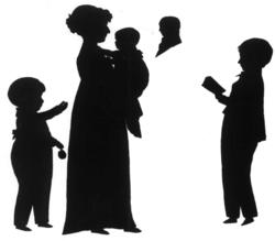 Avfotografert silhuett som viser familien Knoph. Påskrift på