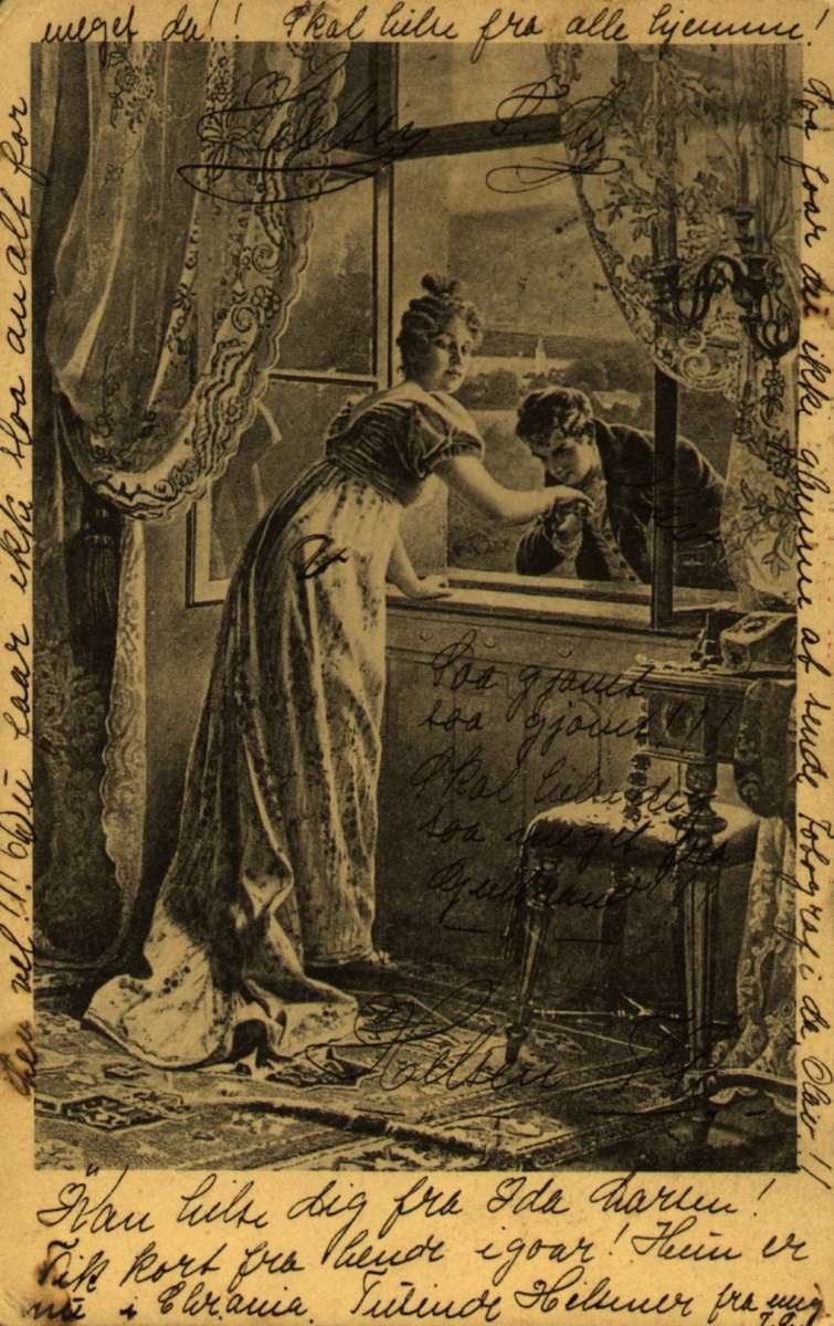 Postkort, Nyttårshilsen. Kvinne står i et åpent vindu, en mann utenfor kysser hennes hånd. Stemplet 04.01.1907.