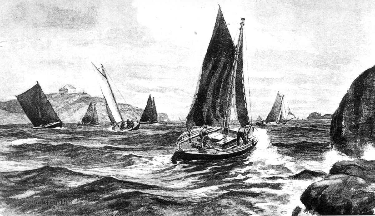 Avfotografert tegning etter Nils Hansteen. Makrellfiske ved Stavern. Stavernsodden fyr i bakgrunnen