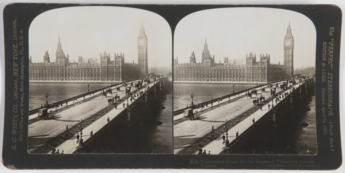 Stereoskopi. House of Parliament og Westminister Bridge, London, England.