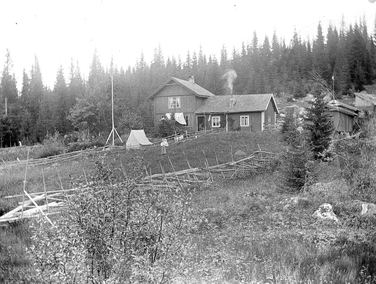 Holoa seter, Hadeland. Huset, setervollen og Margrethe Q. Wiborg med Halvor Nicolai, 1903.