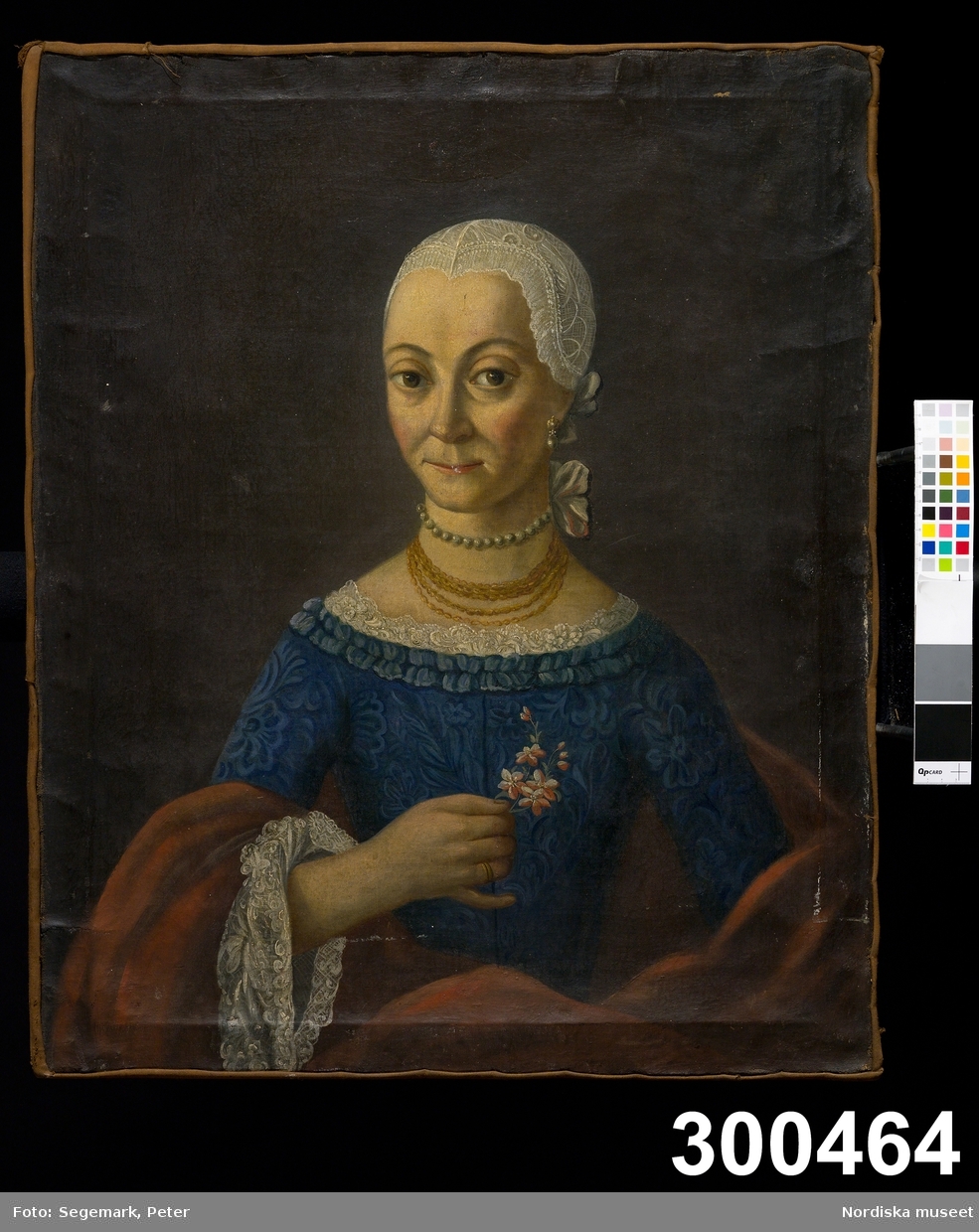 Porträtt, midjebild av medelålders kvinna, troligen målad unden 1700-talets senare del.