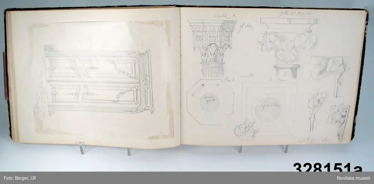 A = skissboken
B = tidning
A)Skissbok utförd av ornamentbildhuggare Wilhelm Hoffman, Stockholm (1844-1901). Bok med skinnrygg och pärmar av pappersöverdragen kartong. Brun, på framsidan med initialerna "W. H." i guldförgylld lågrelief. Innehåller 70 sidor. På försättsbladet med skrivstil "W. Hoffmann Aug. d. 2. 65".

I boken finns blyertsskisser som visar stucktak, möbler, gaslampor, urnor, dörrar, nyckelskyltar och en mängd andra föremålsgrupper. De flesta skisserna är tecknade direkt i boken, ett mindre antal är utförda på silkespapper och monterade i boken. Skisserna är utförda i Berlin, Dresden, Wien, Braunschweig, Paris och Stockholm. Varje skiss är daterad och försedd med uppgifter om var förlagan finns.

B)På insidan av den främre pärmen en ficka innehållande Nordens Expositionstidning Nr. 22, 28 september 1897 (ett ark med fyra blad) som berättar om Konst- och Industriutställningen i Stockholm och där Hoffman porträtteras, både i skrift och med fotografi.

Anm: Mindre repor på pärmens utsida. Försättsbladet buktigt och delvis lossnat.

Skissboken är utförd av ornamentbildhuggaren och stuckatören Wilhelm Hoffman direkt efter avslutad utbildning vid Konstakademien i Stockholm 1864. I skissboken kan vi följa en ung konstnärs/hantverkares bildningsresa genom Europa vid 1800-talets mitt. Hoffman intresserar sig för både föremål i äldre stilar och fullt moderna. Flera av de stolar han ritar av i Tyskland hade inte kommit till Sverige vid skissernas tillkomst.

Konstnären:
Wilhelm Hoffman kom från Stockholm och studerade vid Konstakademien 1858-1864. Han utförde många  utsmyckningar i byggnader tillhörande Konst- och Industriutställningen 1897, bland annat sköld- och trofédekorationer, kvinnliga karyatider, balustrader och listverk i den kungliga paviljongen och lejonen framför ingången till slottet, liksom flera av husfasaderna i "Gamla Stockholm". Han dekorerade också Konsthallen, Damernas paviljong och Kullans chokladpaviljong. Hoffman har också utfört den figurala utsmyckningen i Skara domkyrkas altaruppsats och en predikstol i Uppsala domkyrka efter ritningar av Helgo Zetterwall.

Maria Maxén 2004-01-16