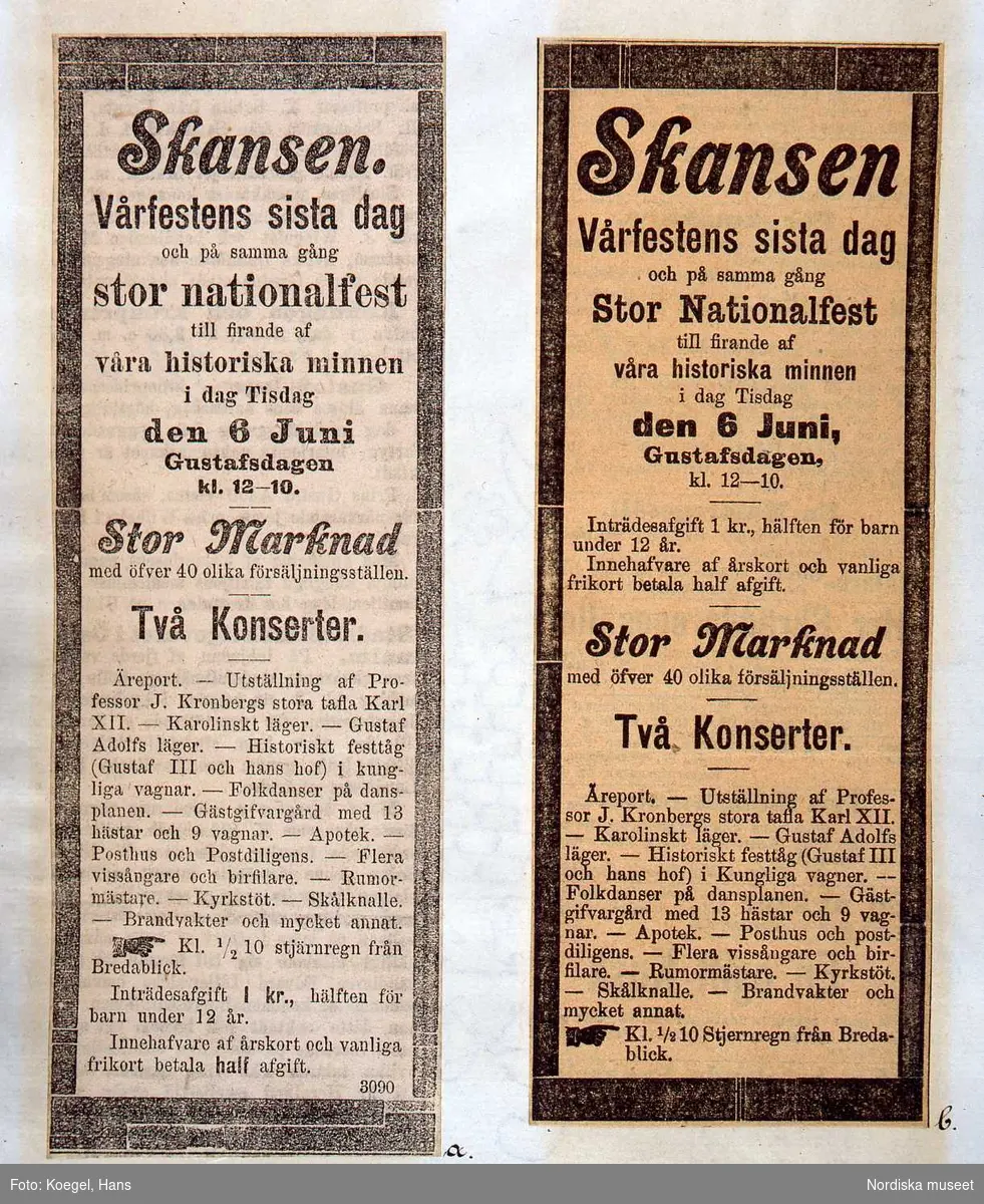 Tidningsklipp från 1893. Annonser för Skansens vårfest.