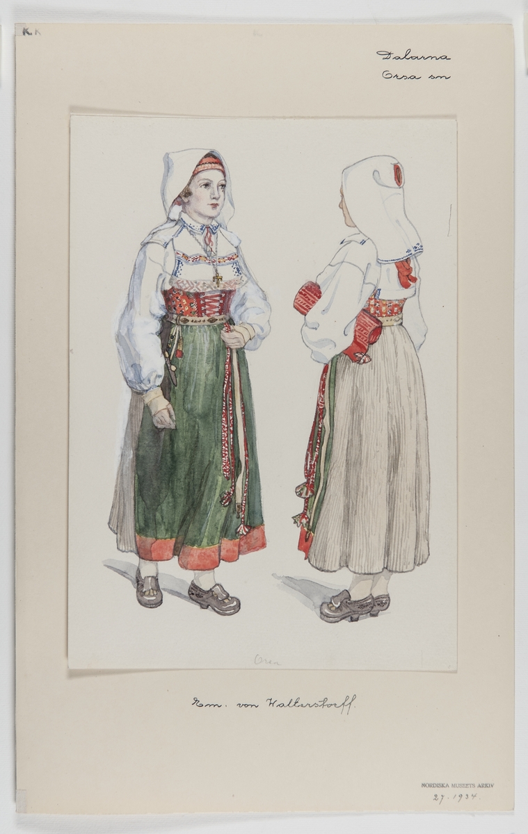 Kvinnodräkt, Orsa socken, Dalarna. Akvarell av Emelie von Walterstorff.